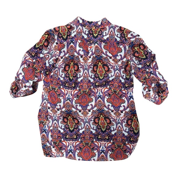 Red and Purple Graphic Button Down Blouse with Cuffed Sleeves - Picture 2 of 4